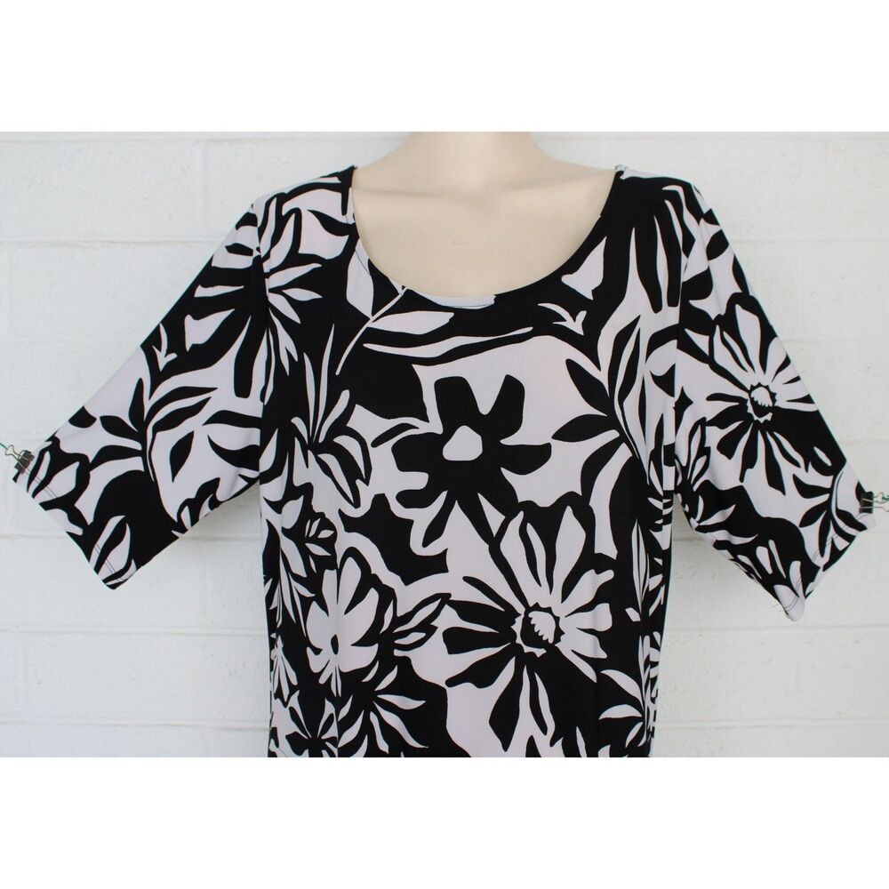 Large Black White Tropical Como Jersey Fit Flare Long Dress Attitudes by Renee. - Picture 4 of 6
